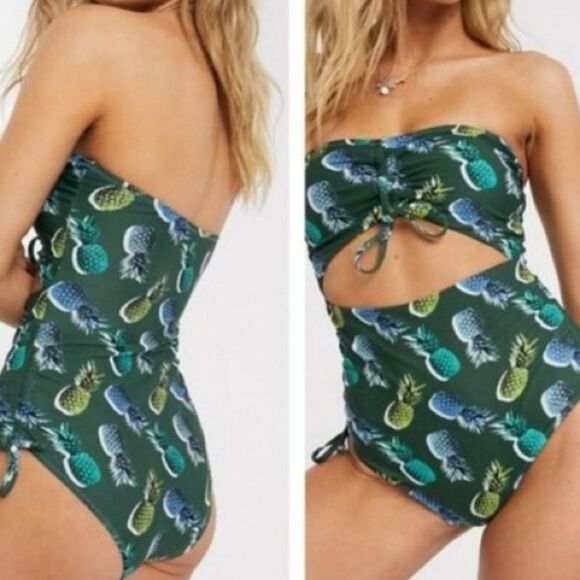 AERIE One Piece Full Coverage Ruched Cut Out Pineapple Swimsuit Large Long - Picture 1 of 16